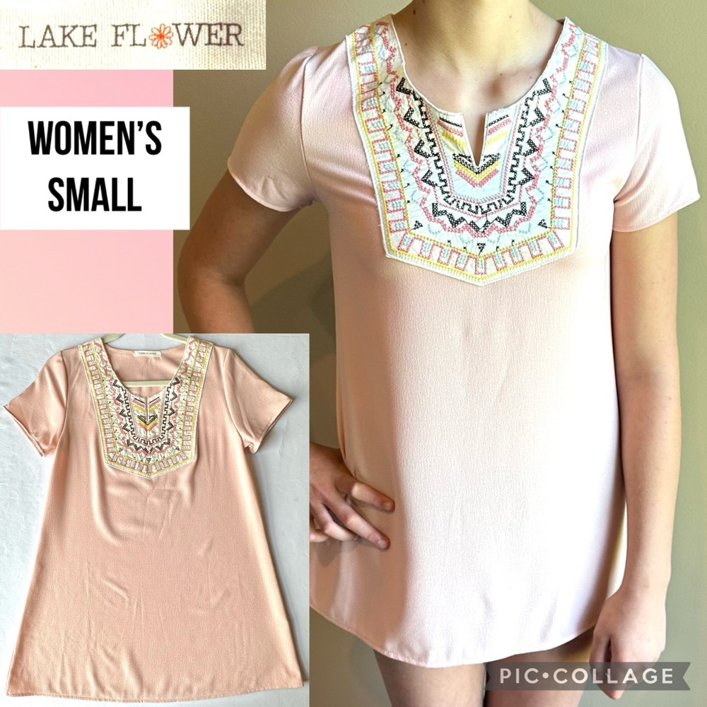 Lake Flower Womens Dress Mini Short Sleeve Peach Pastel Stretch Boho Embroidered